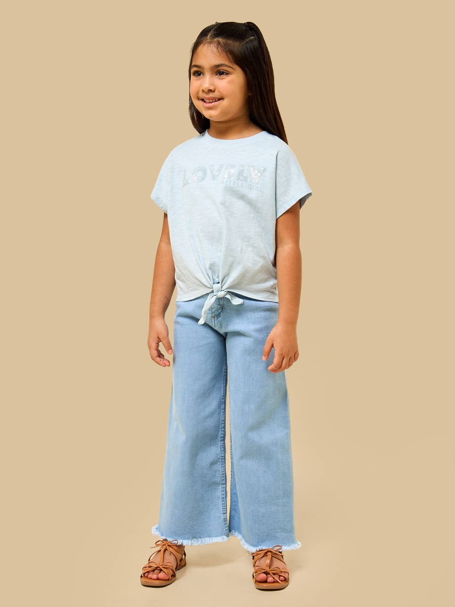 Slogan Embroidered Cotton T-Shirt with Front Knot