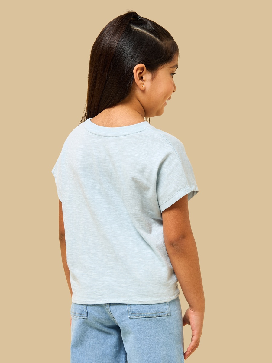 Slogan Embroidered Cotton T-Shirt with Front Knot