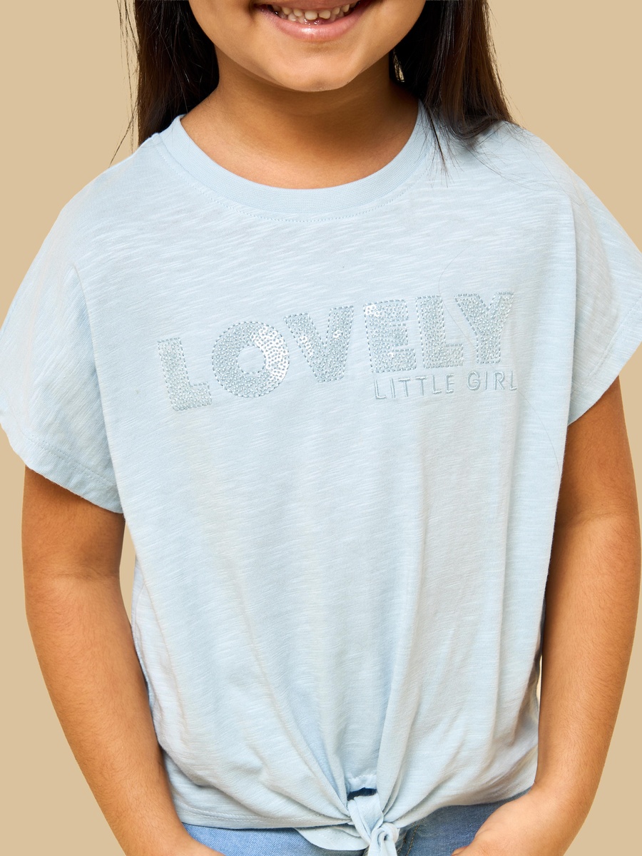 Slogan Embroidered Cotton T-Shirt with Front Knot