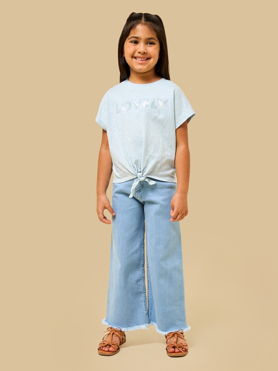 Slogan Embroidered Cotton T-Shirt with Front Knot