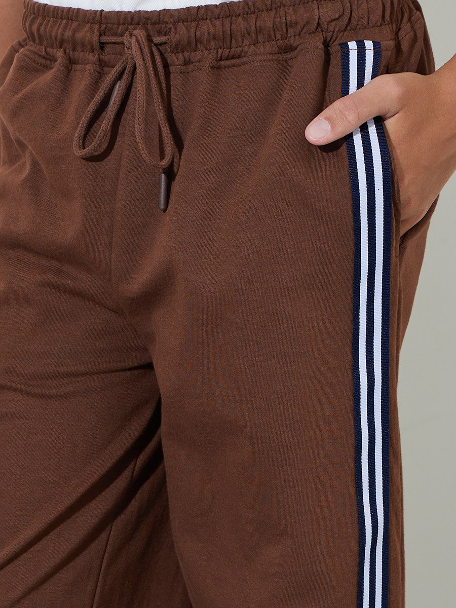 Teen Boys Brown Side Striped Pocket Detail Joggers