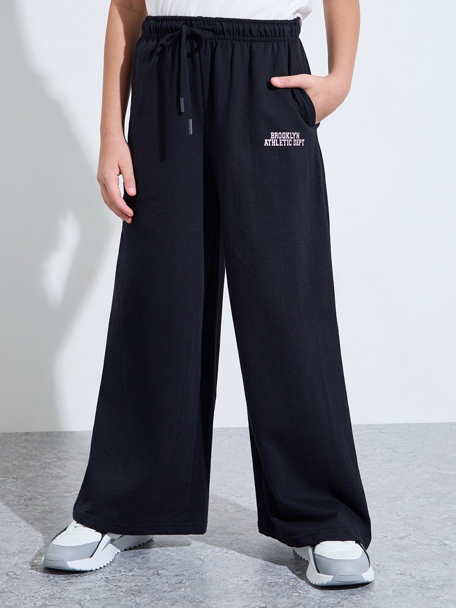 Teen Girls Black Slogan Print Wide Leg Pants