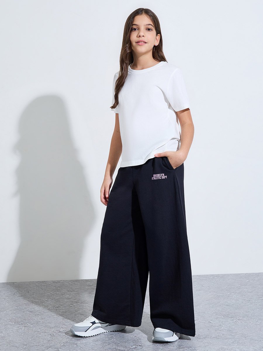Teen Girls Black Slogan Print Wide Leg Pants