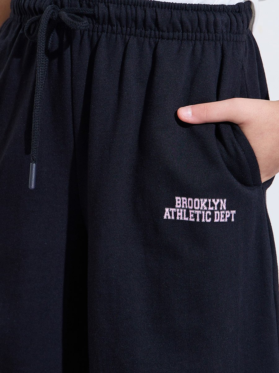 Teen Girls Black Slogan Print Wide Leg Pants