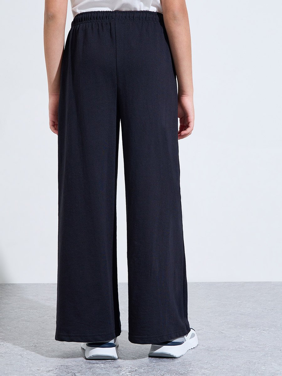 Teen Girls Black Slogan Print Wide Leg Pants
