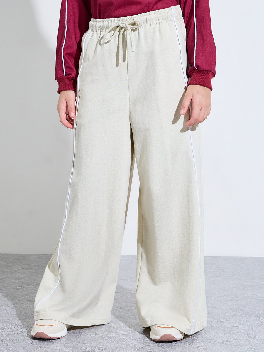 Teen Girls Beige Side piping Detail Wide Leg Joggers