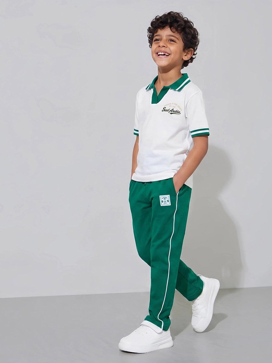 Boys White KSA National Day Print Polo T-Shirt and Dark Green Joggers Set