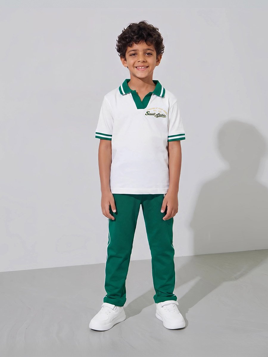 Boys White KSA National Day Print Polo T-Shirt and Dark Green Joggers Set