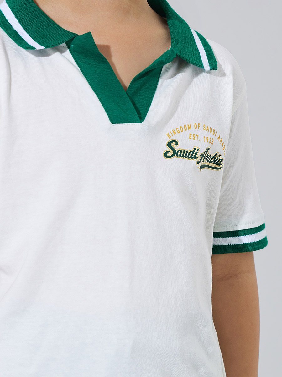 Boys White KSA National Day Print Polo T-Shirt and Dark Green Joggers Set