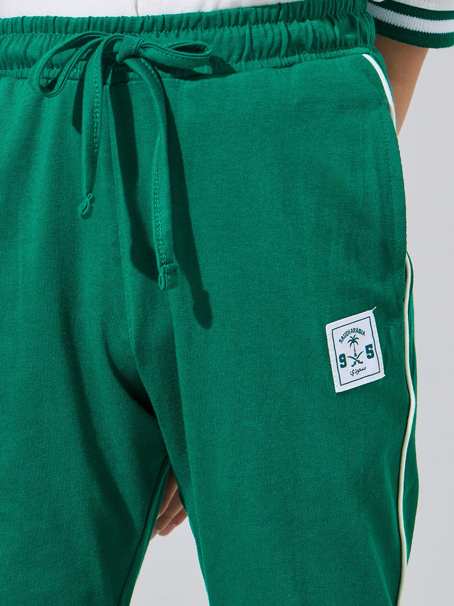Boys White KSA National Day Print Polo T-Shirt and Dark Green Joggers Set