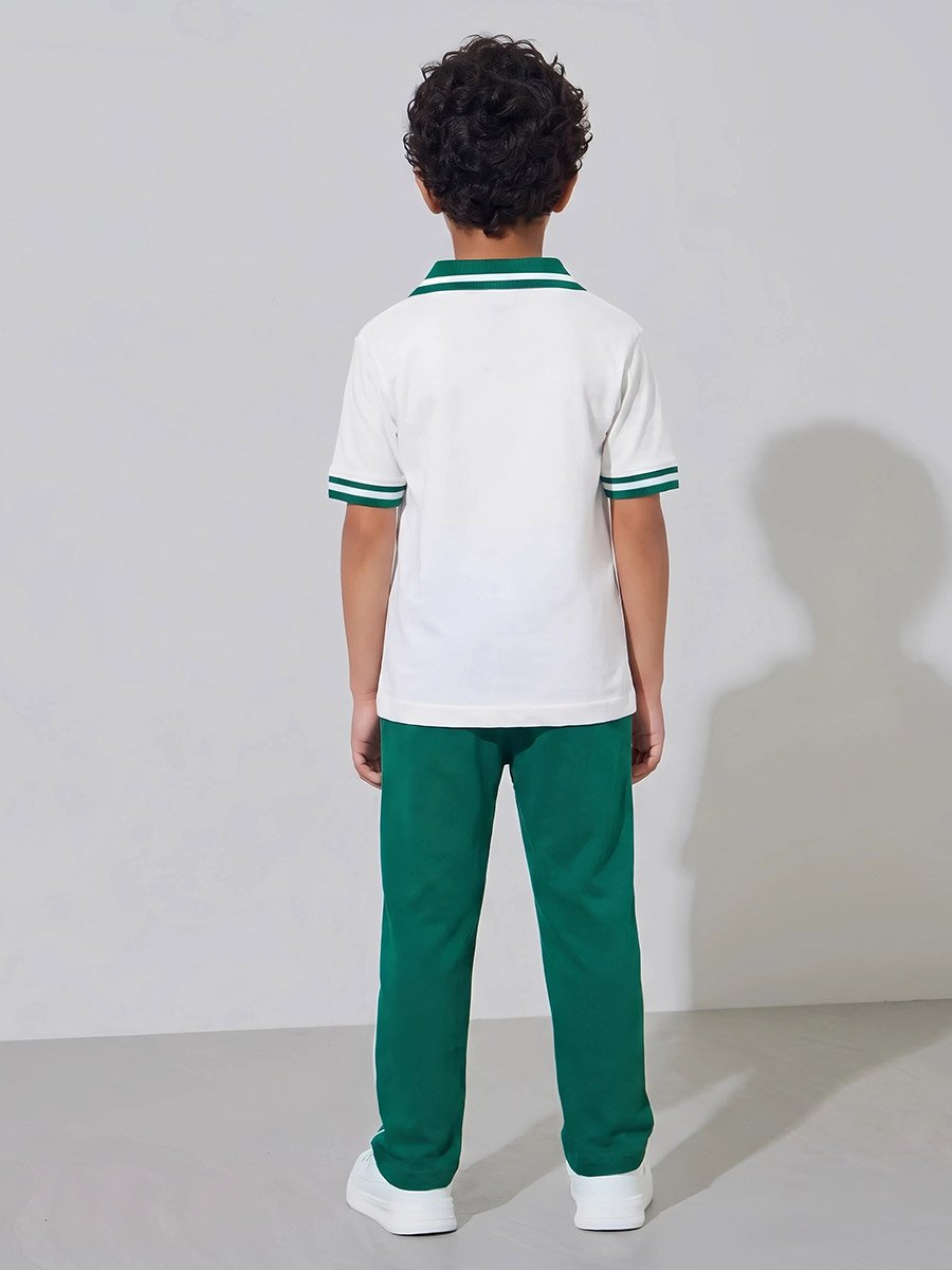 Boys White KSA National Day Print Polo T-Shirt and Dark Green Joggers Set