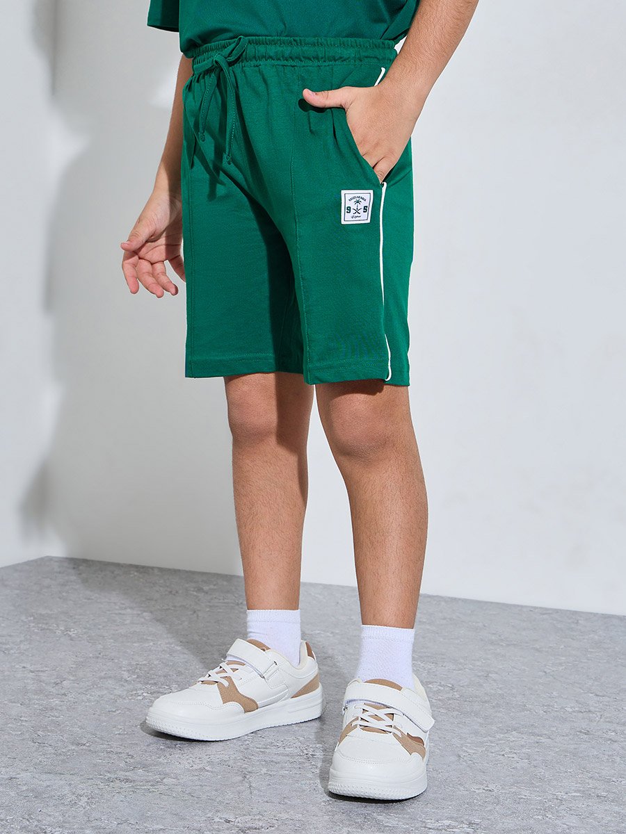 Teen Boys Dark Green Patchwork Side Stripe Drawstring Shorts