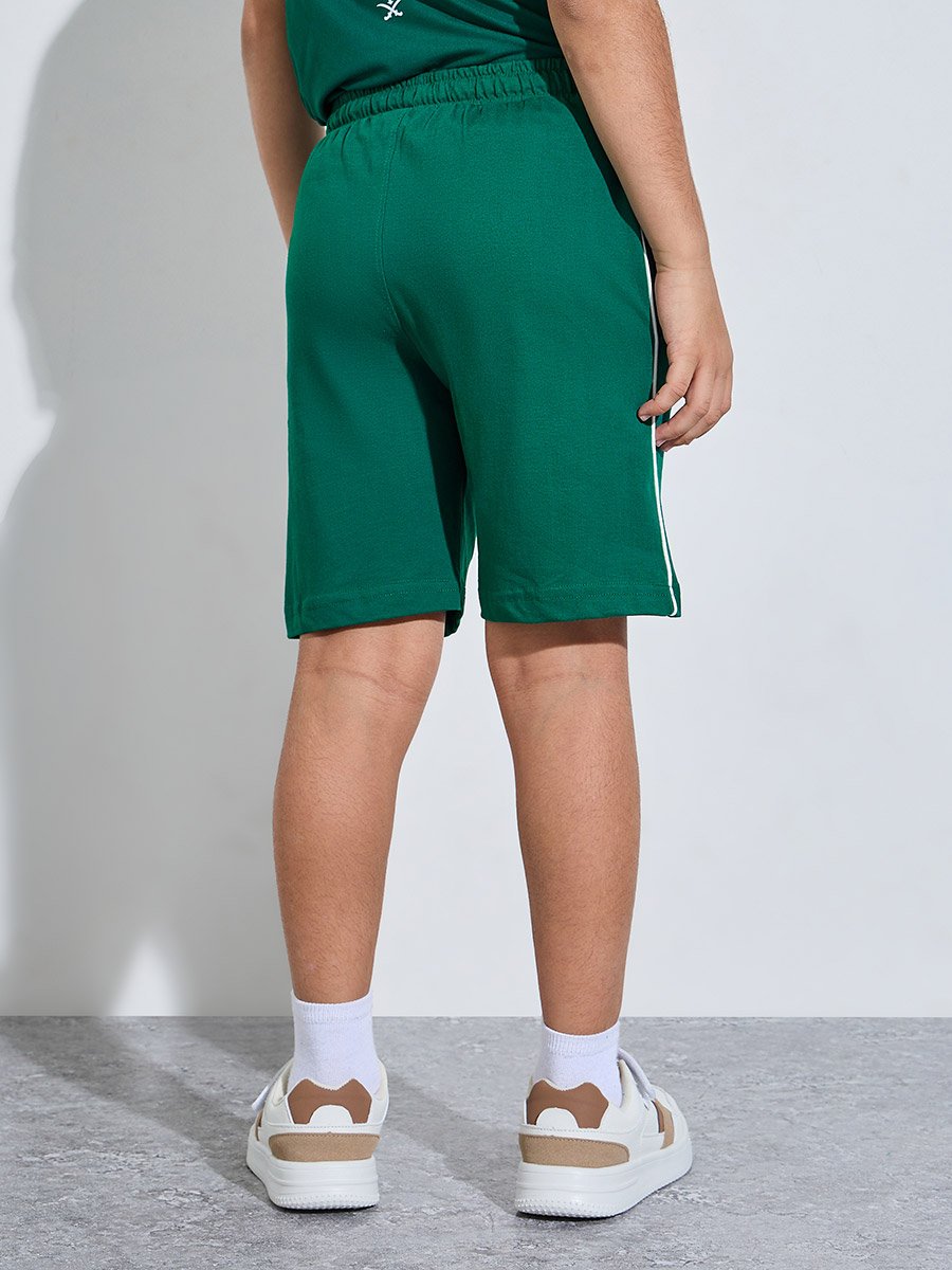 Teen Boys Dark Green Patchwork Side Stripe Drawstring Shorts