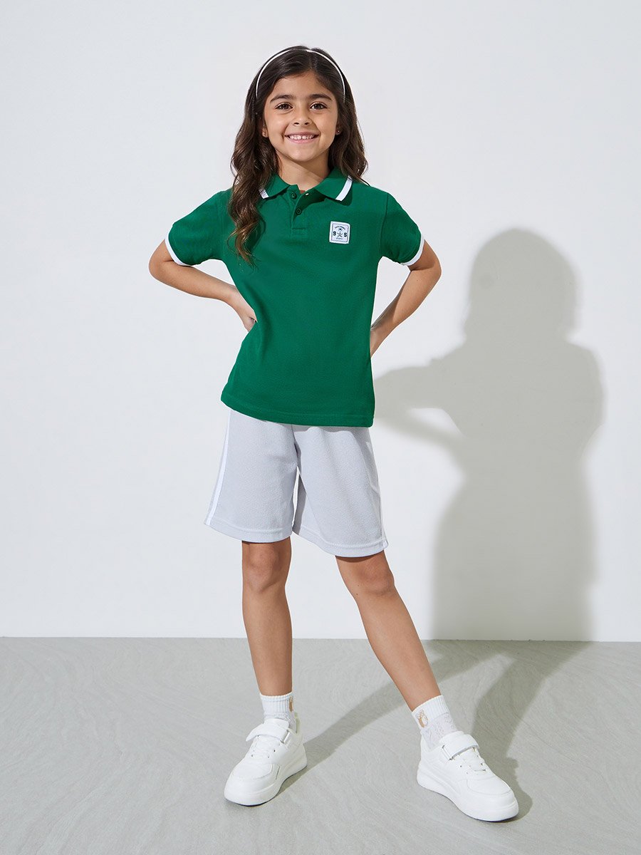 Girls Dark Green KSA National Day Patchwork Contrast Trims Polo T-Shirt