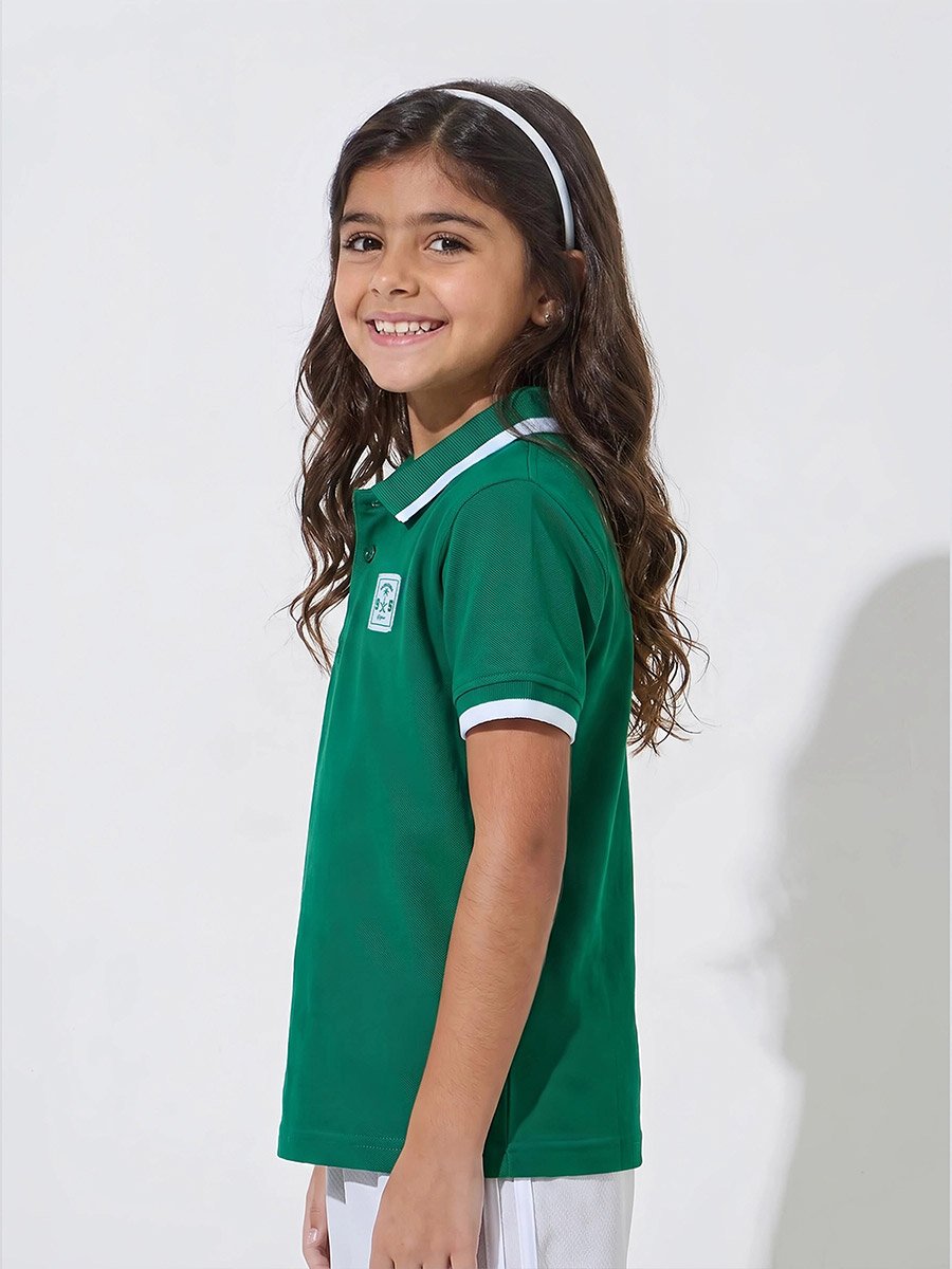 Girls Dark Green KSA National Day Patchwork Contrast Trims Polo T-Shirt