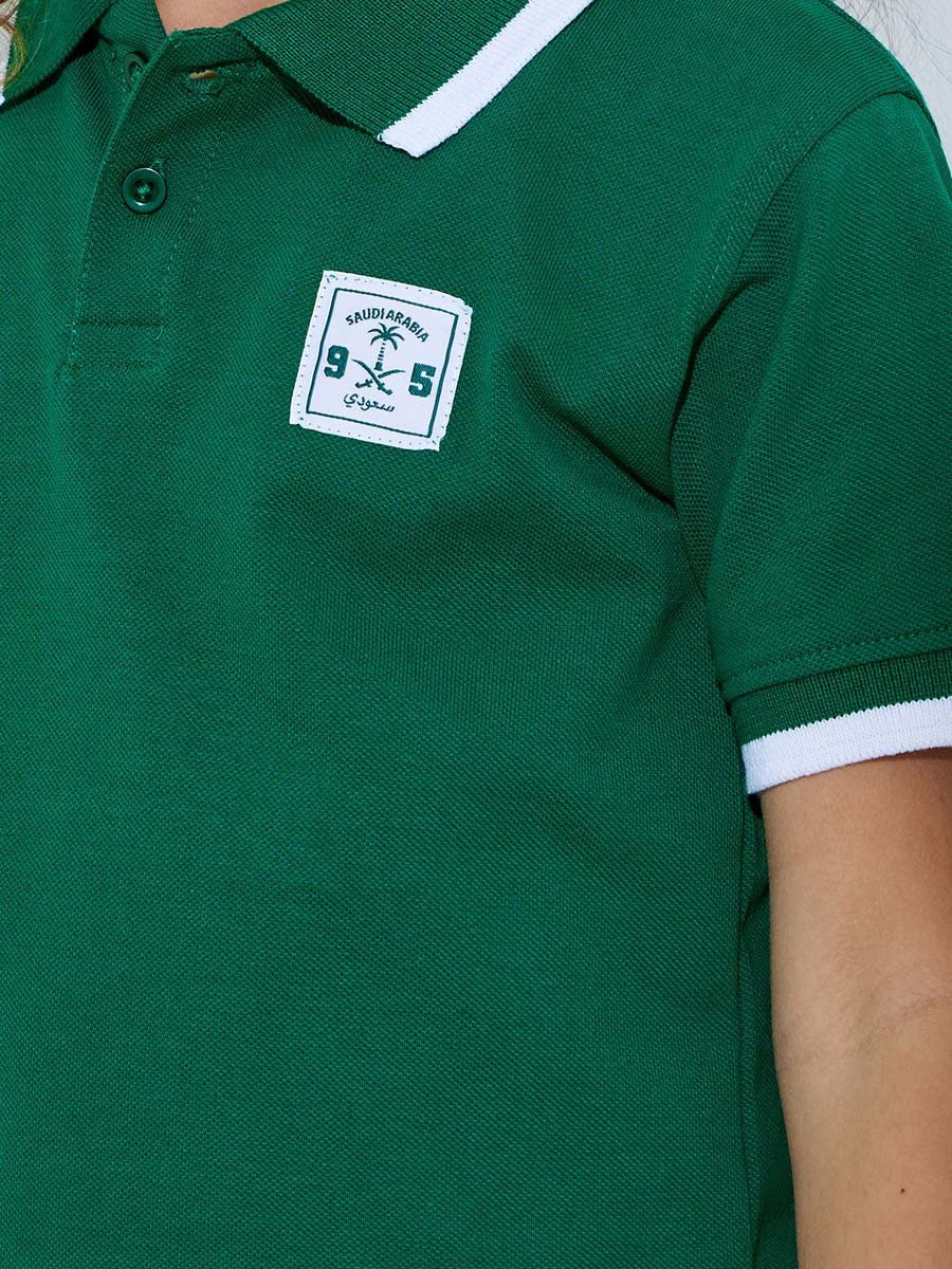 Girls Dark Green KSA National Day Patchwork Contrast Trims Polo T-Shirt