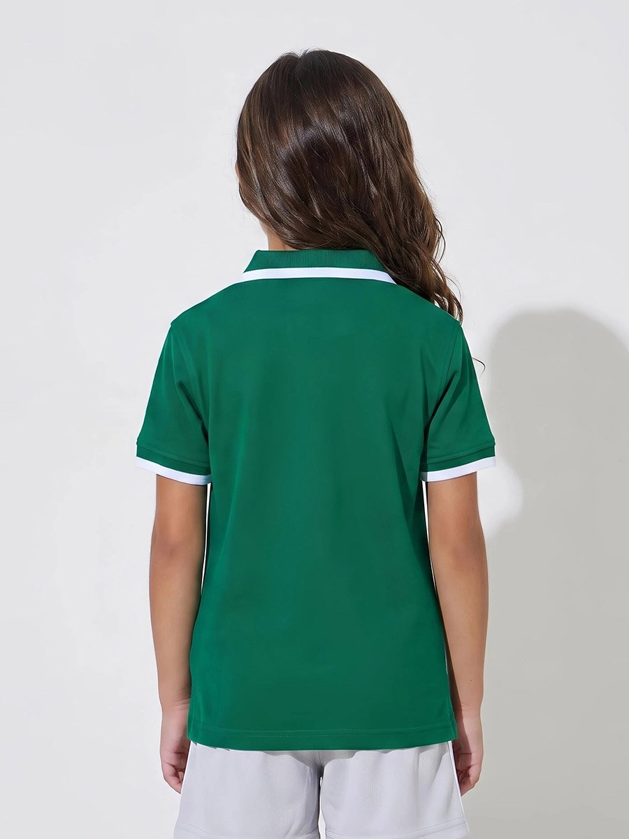 Girls Dark Green KSA National Day Patchwork Contrast Trims Polo T-Shirt