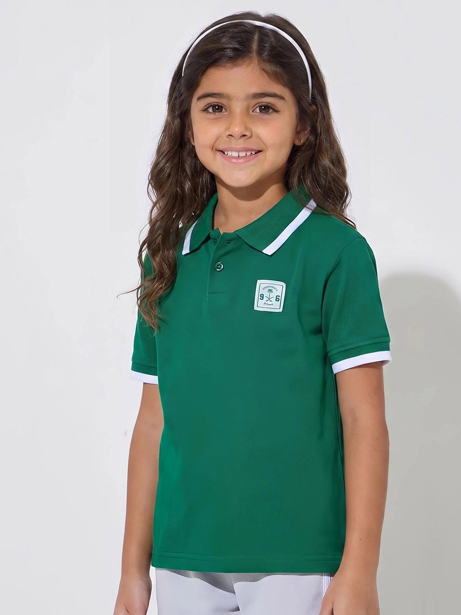 Girls Dark Green KSA National Day Patchwork Contrast Trims Polo T-Shirt