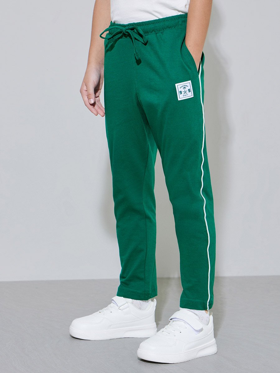 Girls White KSA National Day Print Polo T-Shirt and Dark Green Joggers Set