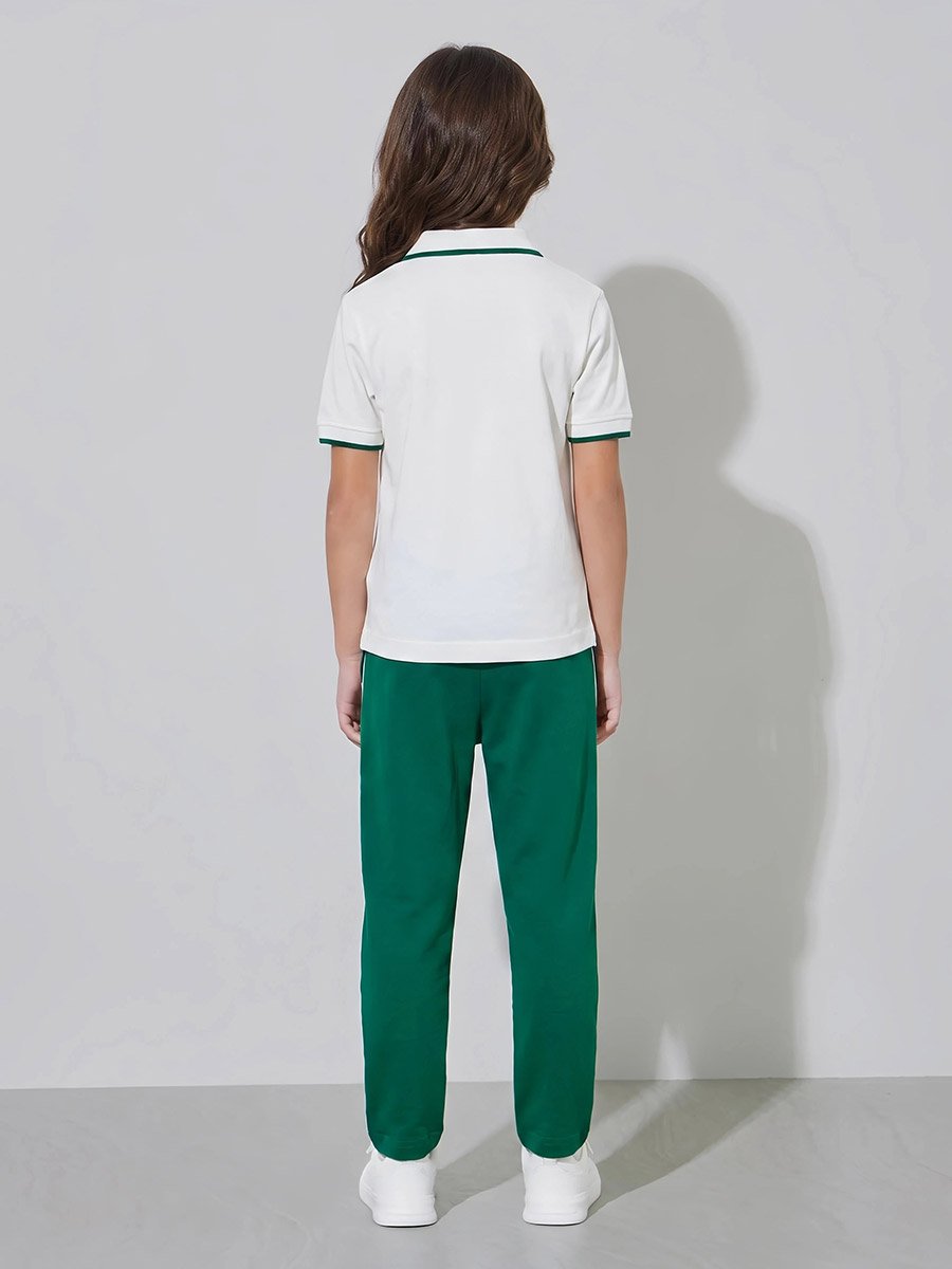 Girls White KSA National Day Print Polo T-Shirt and Dark Green Joggers Set