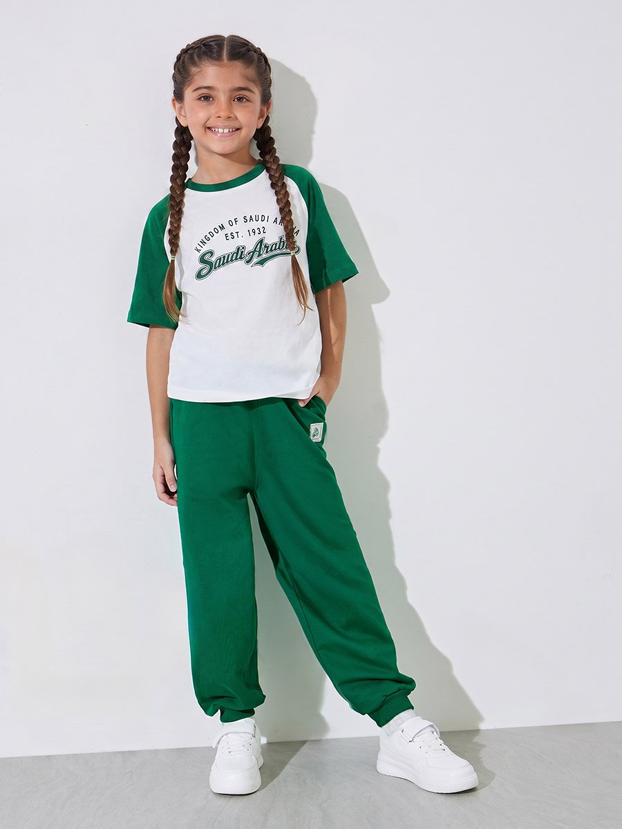 Girls White KSA National Day Print T-Shirt and Dark Green Joggers Set
