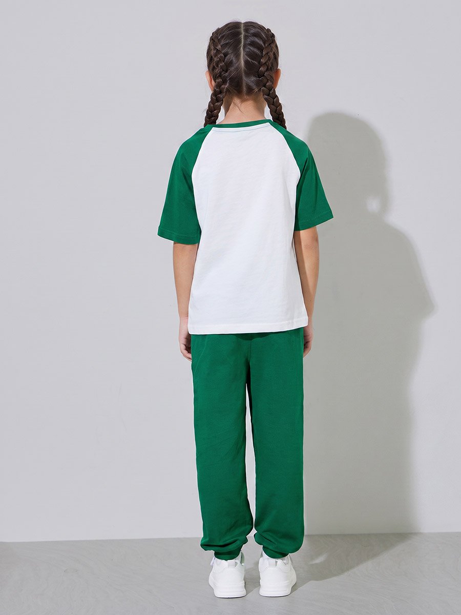 Girls White KSA National Day Print T-Shirt and Dark Green Joggers Set