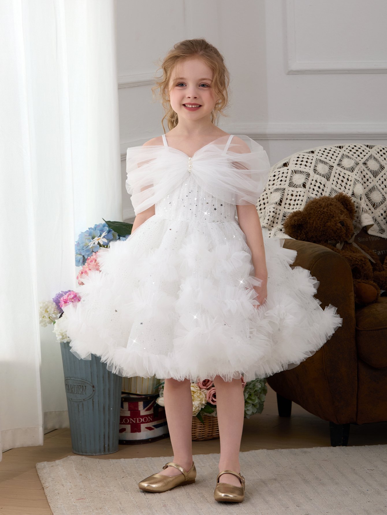 Girls White Sequin Embellished Tulle Details A-Line Midi Dress