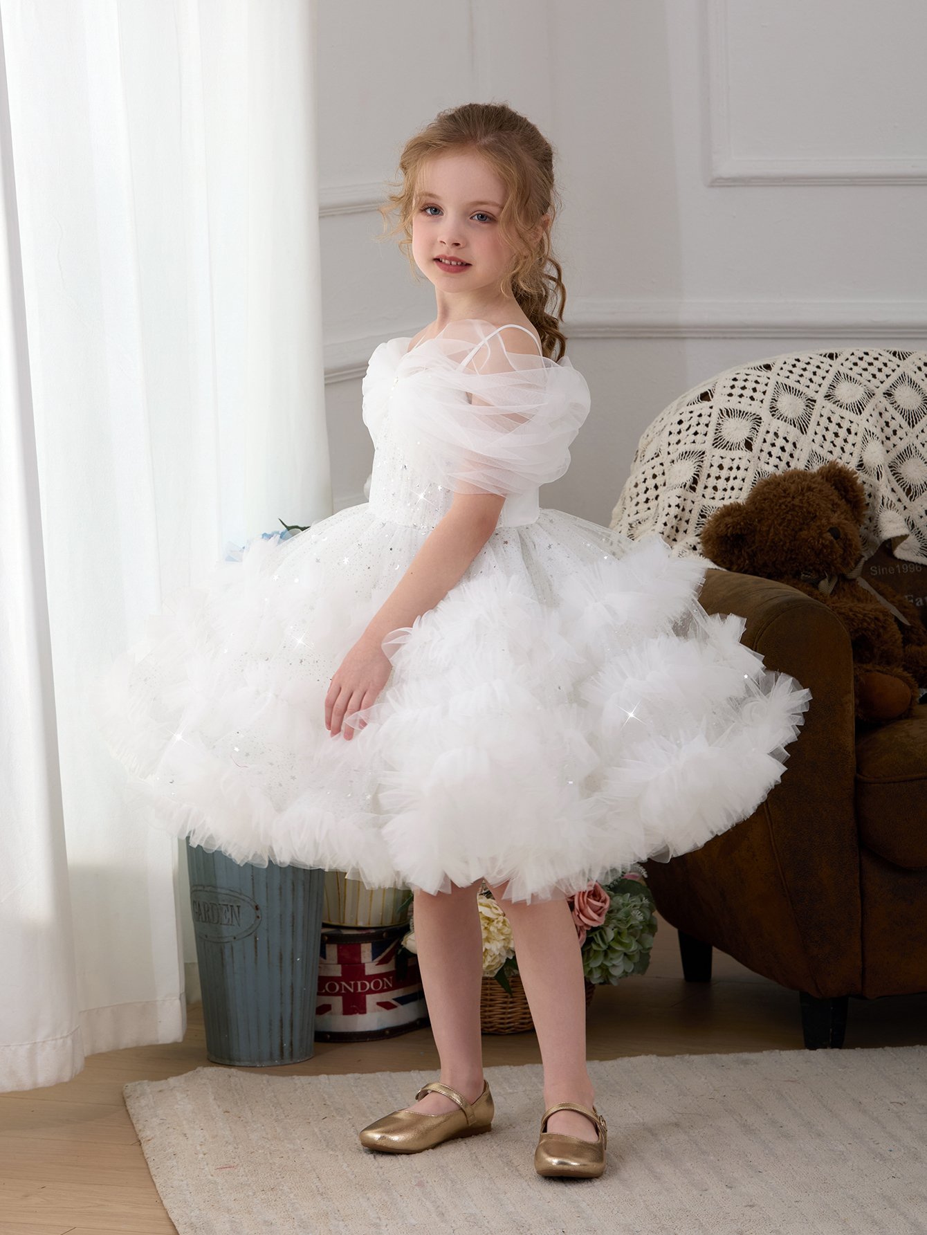 Girls White Sequin Embellished Tulle Details A-Line Midi Dress