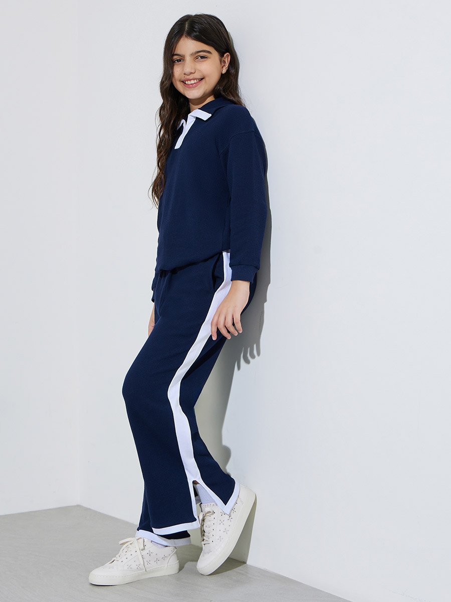 Teen Girls Navy Waffle Knit Top and Pants Set