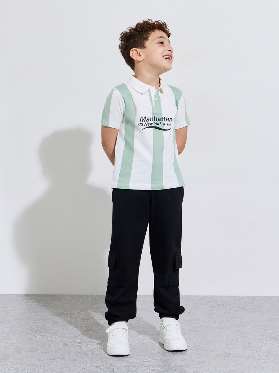 Boys Striped Oversized Polo T-Shirt and Cargo Joggers Set