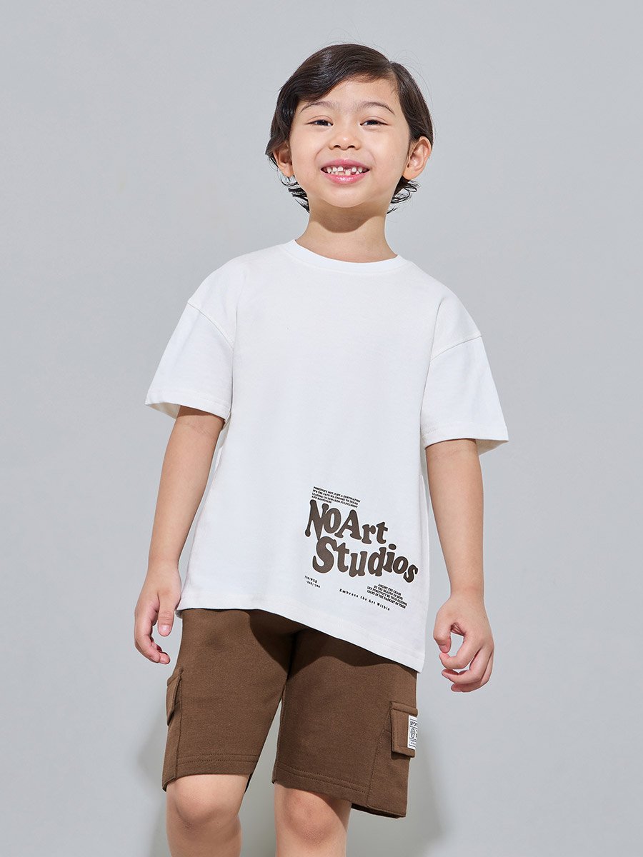 Boys White Graphic Print T-Shirt and Brown Cargo Shorts Set