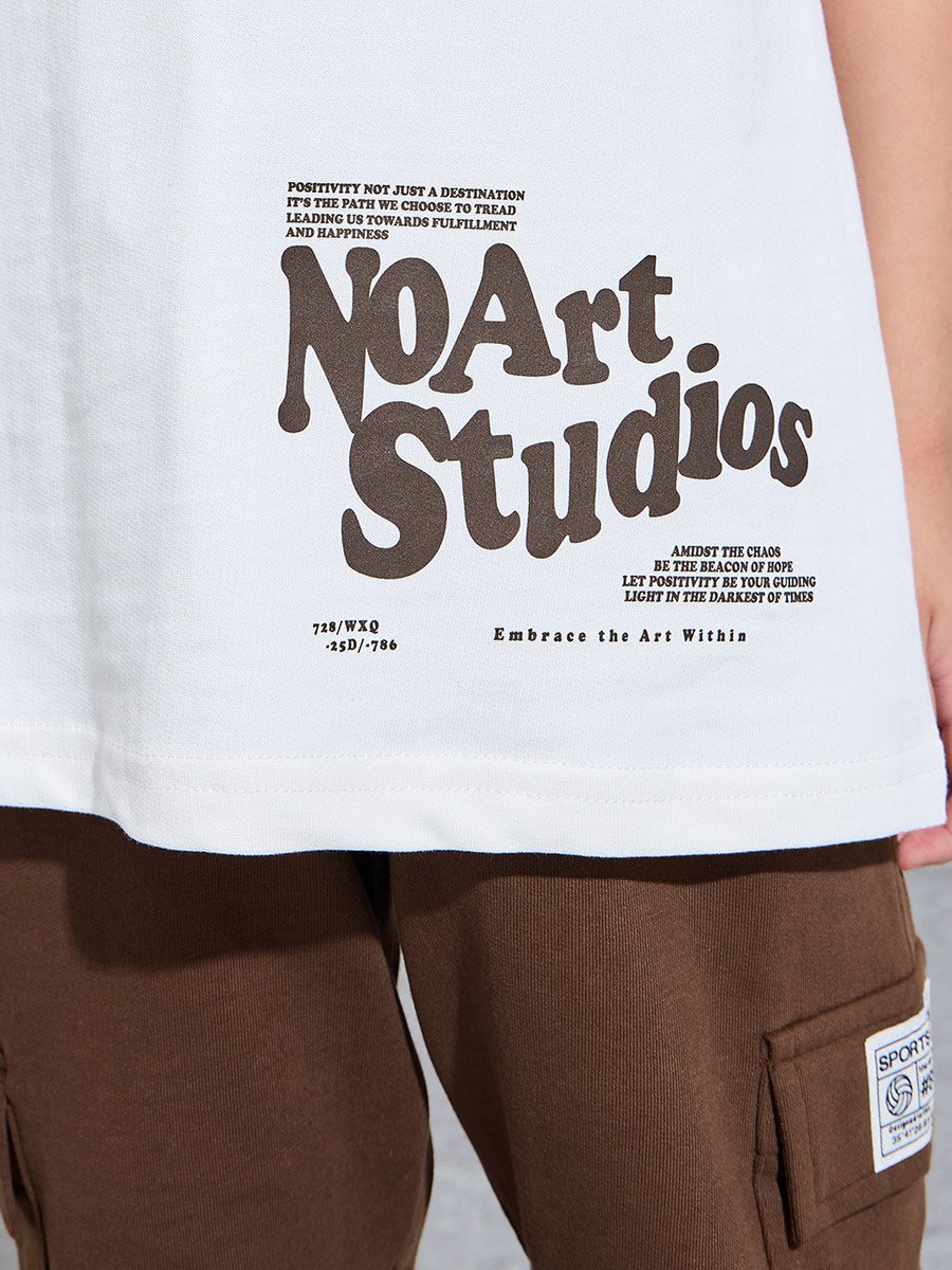 Boys White Graphic Print T-Shirt and Brown Cargo Shorts Set