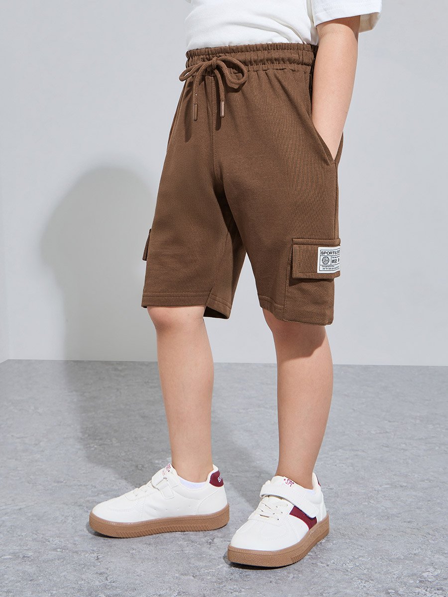 Boys White Graphic Print T-Shirt and Brown Cargo Shorts Set
