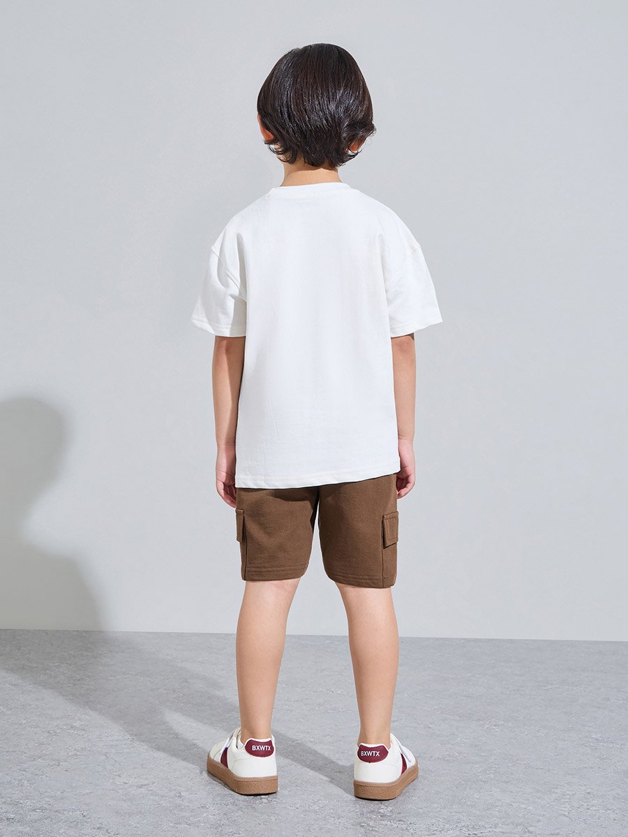 Boys White Graphic Print T-Shirt and Brown Cargo Shorts Set