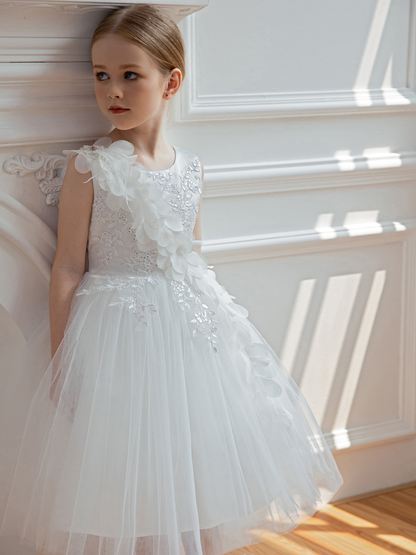 Girls White Floral Embroidered A-Line Midi Dress