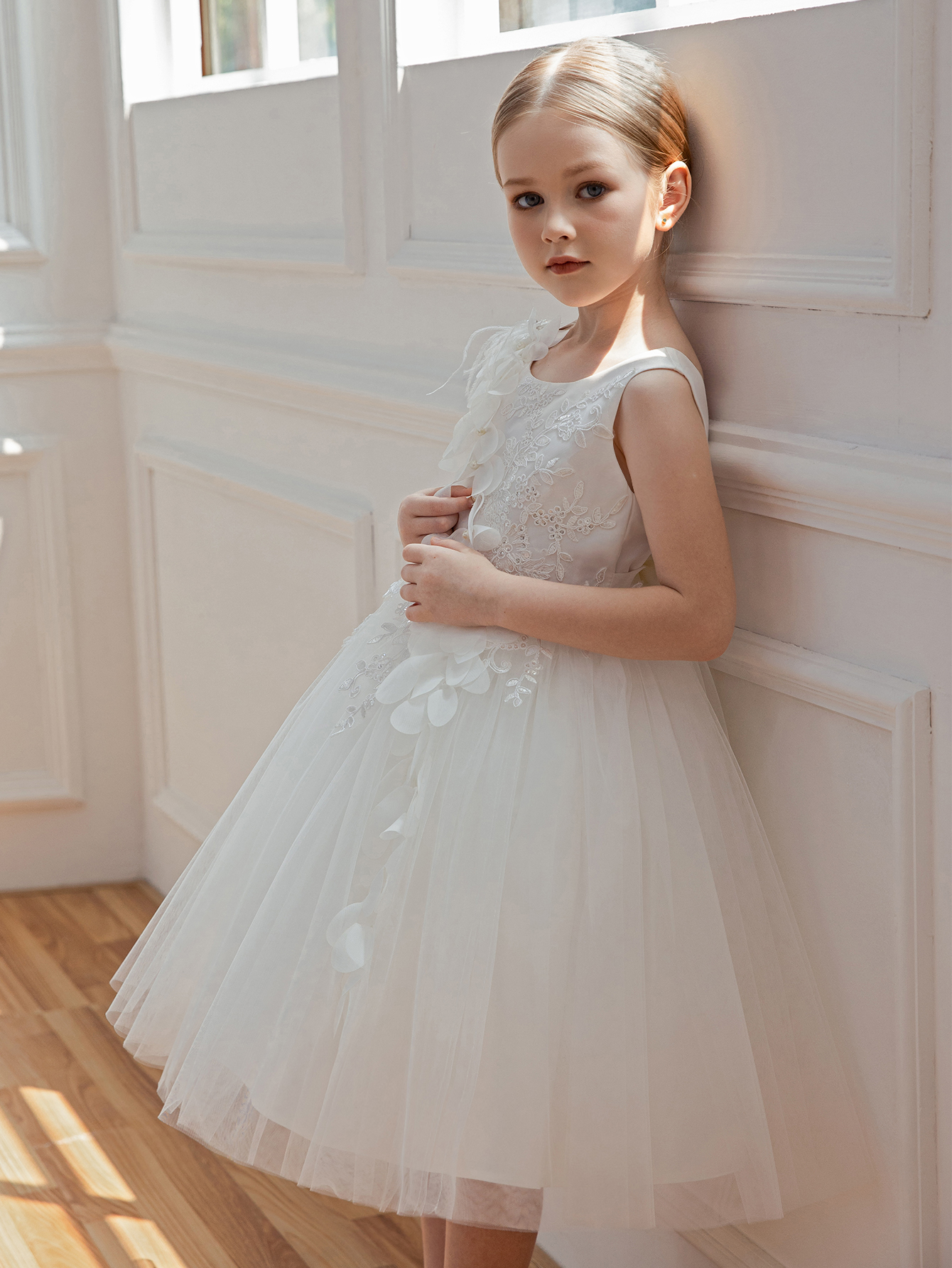 Girls White Floral Embroidered A-Line Midi Dress