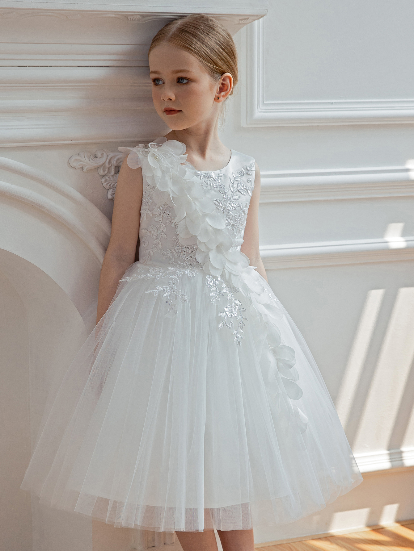 Girls White Floral Embroidered A-Line Midi Dress
