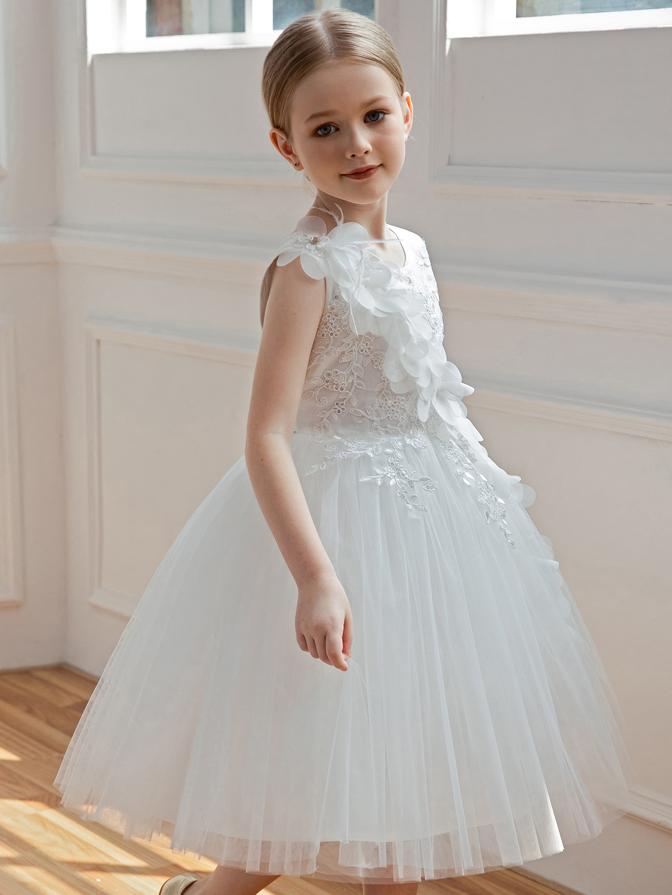 Girls White Floral Embroidered A-Line Midi Dress