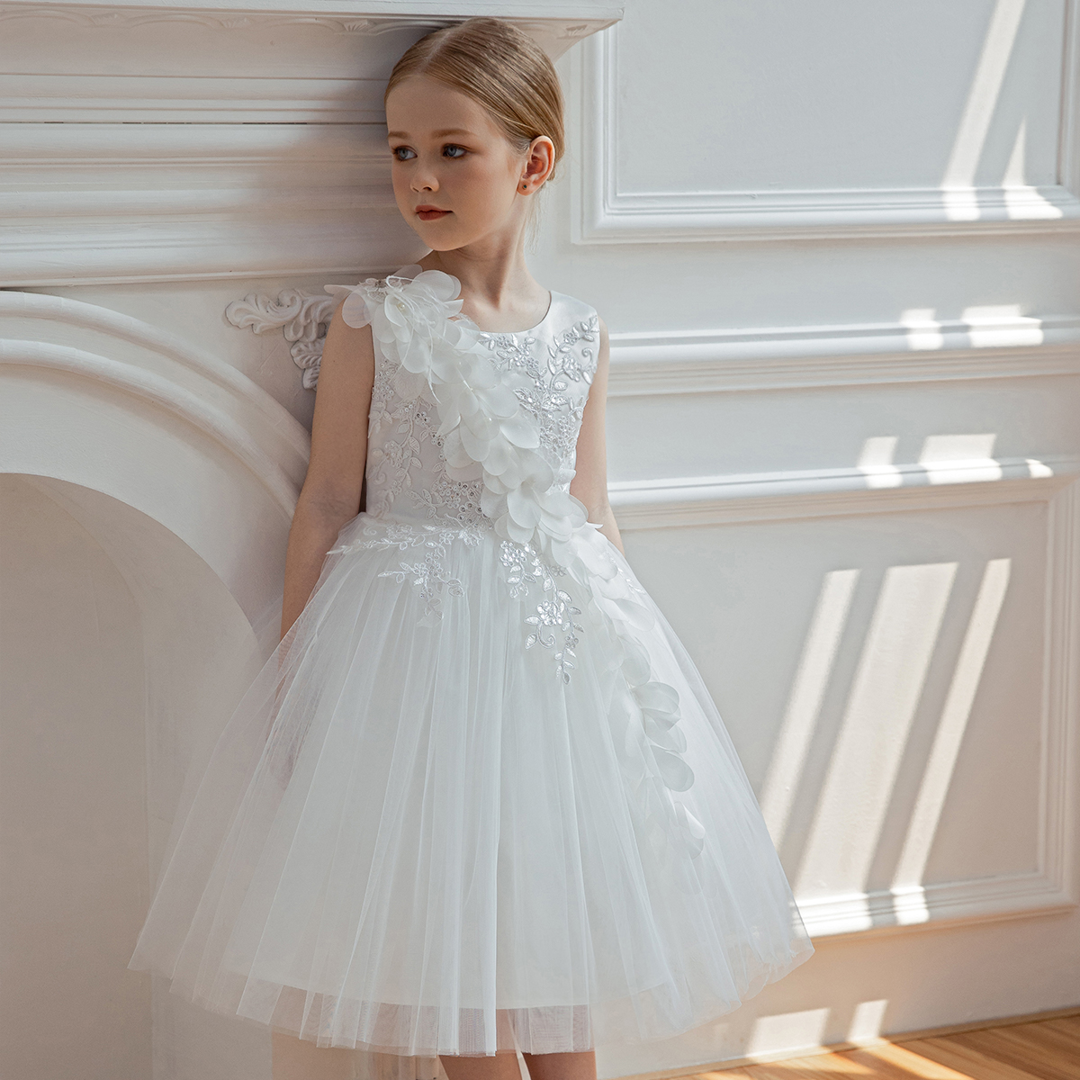 Girls White Floral Embroidered A-Line Midi Dress