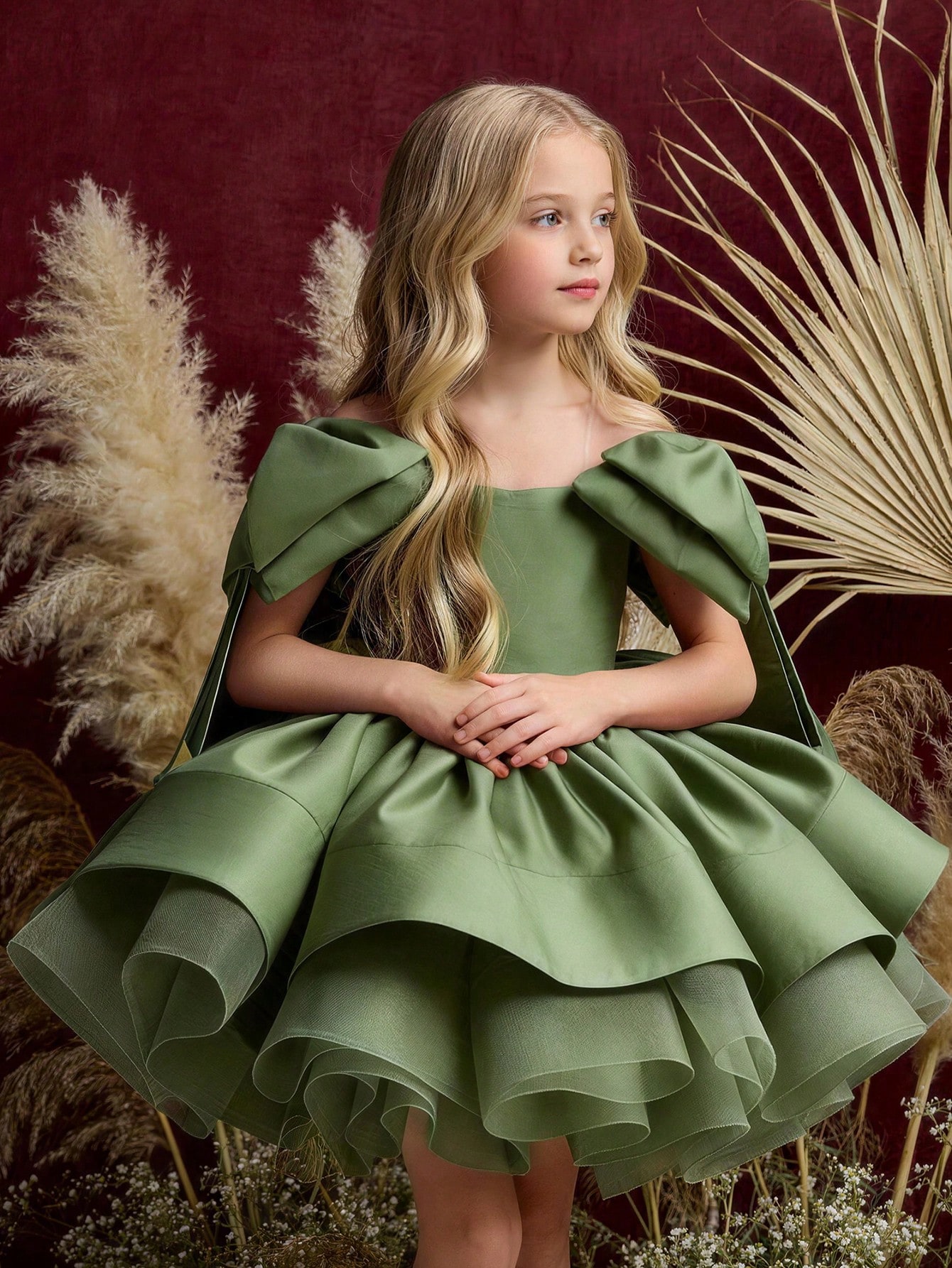 Girls Green Bow and Ruffle Details A-Line Midi Dress