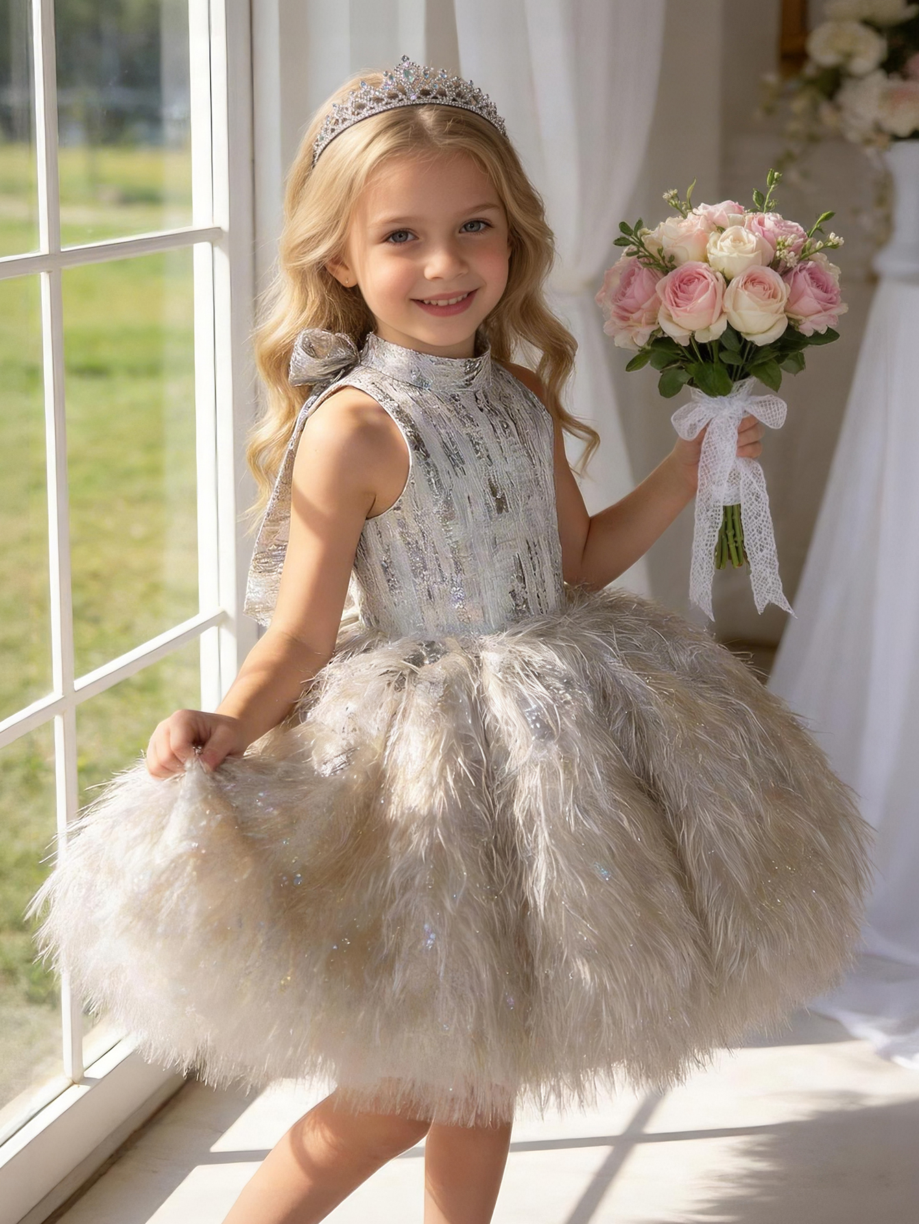 Girls Gold Faux Fur Embellished A-Line Midi Dress