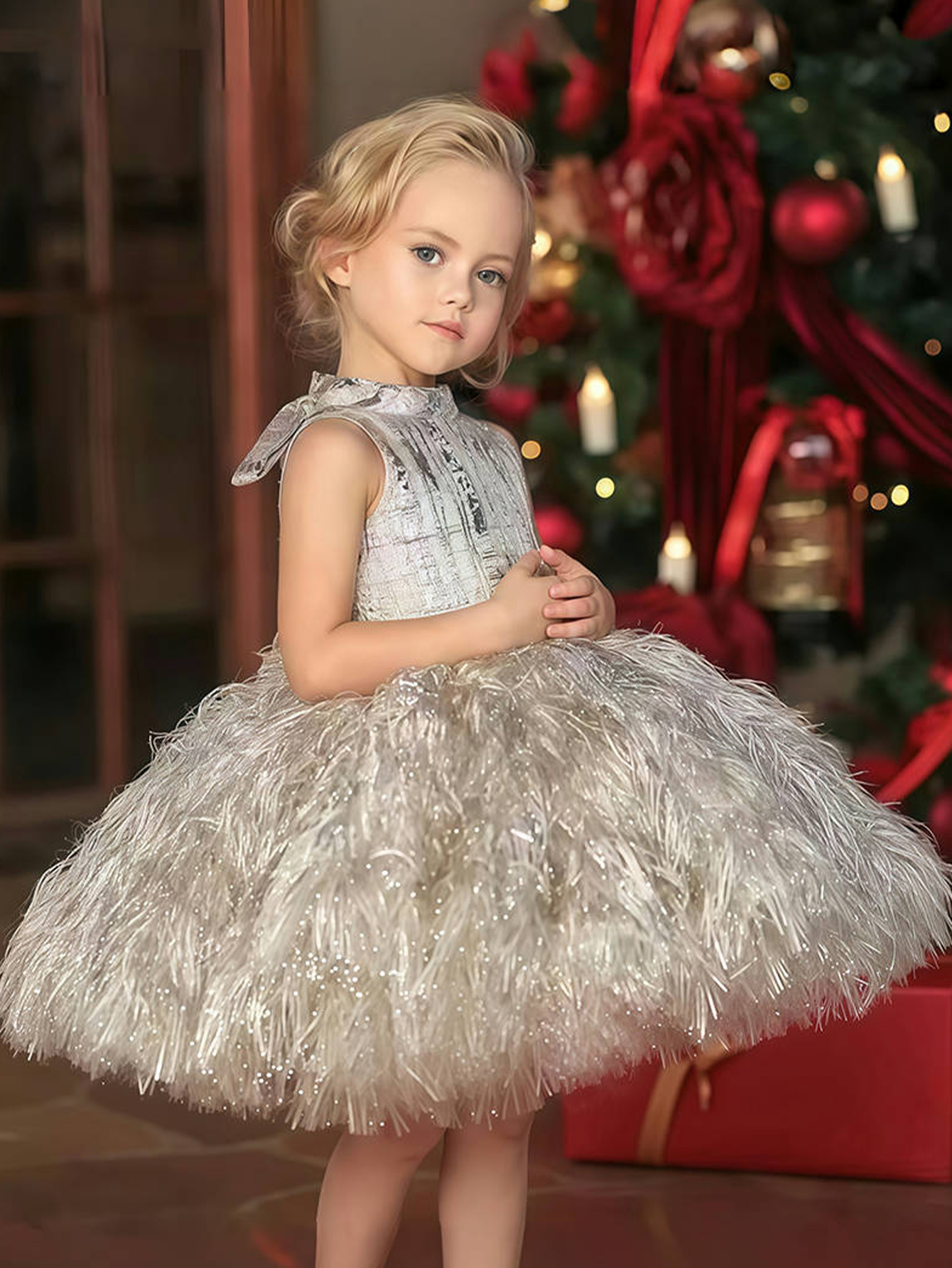 Girls Gold Faux Fur Embellished A-Line Midi Dress