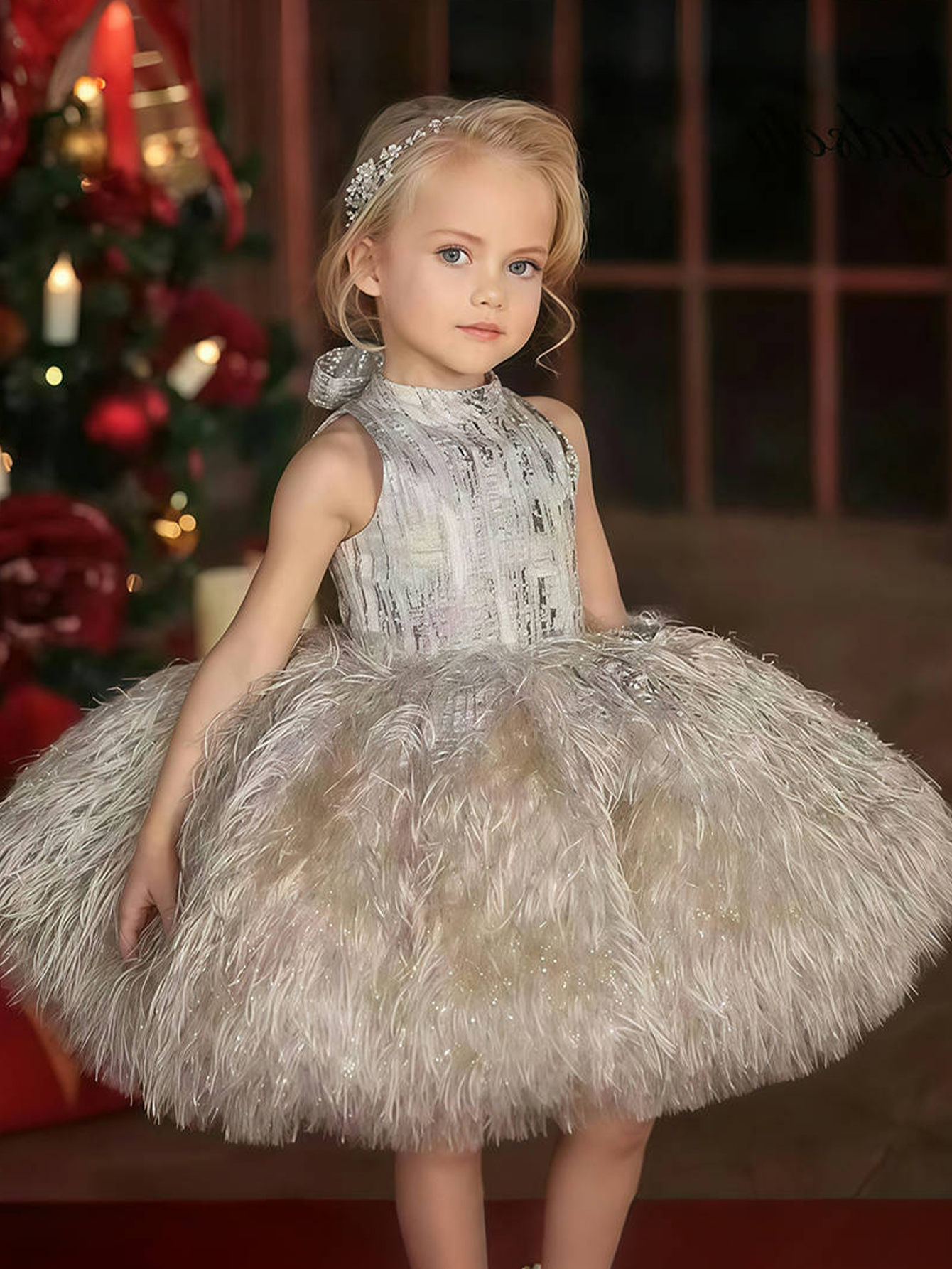 Girls Gold Faux Fur Embellished A-Line Midi Dress