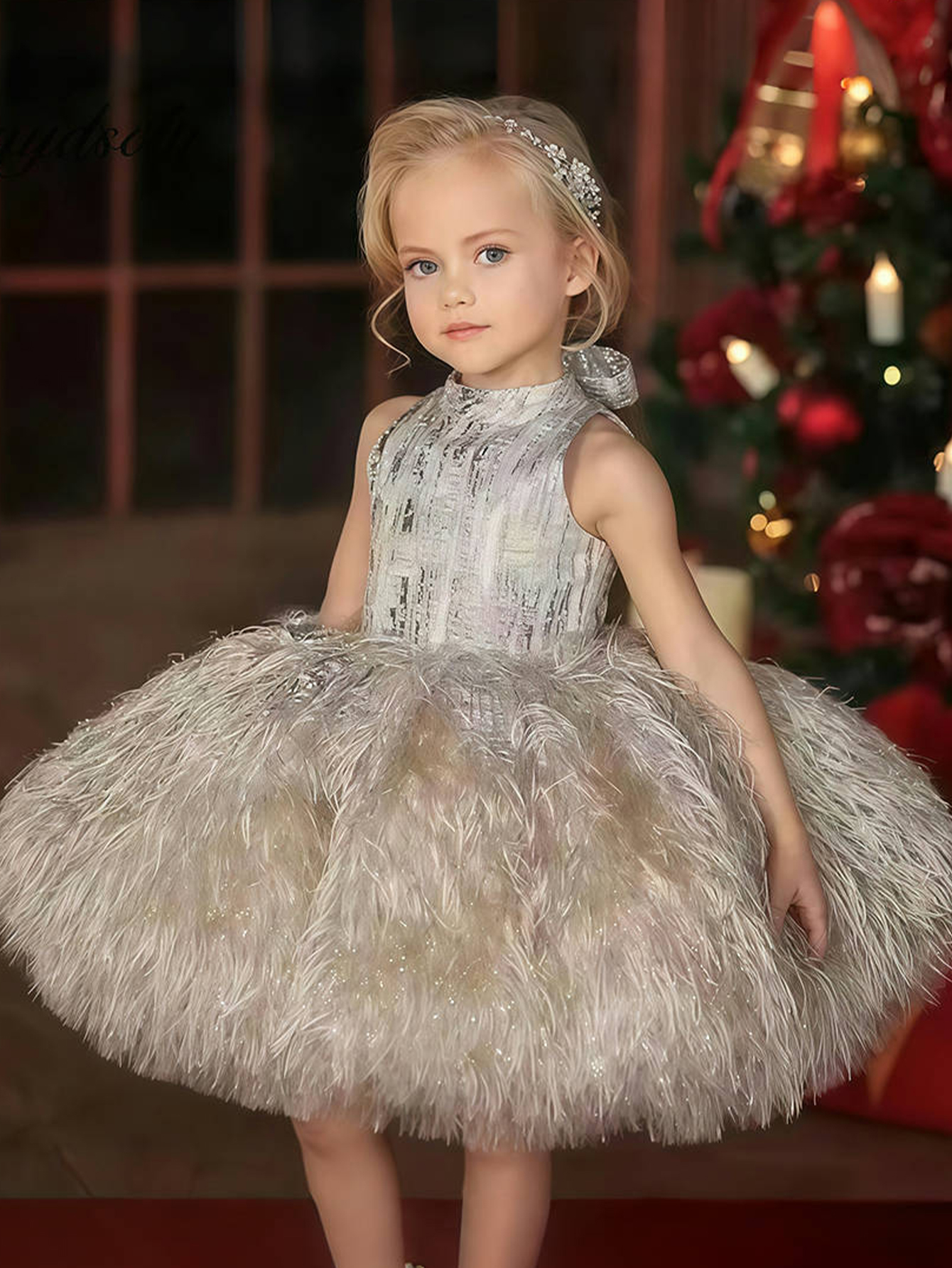 Girls Gold Faux Fur Embellished A-Line Midi Dress