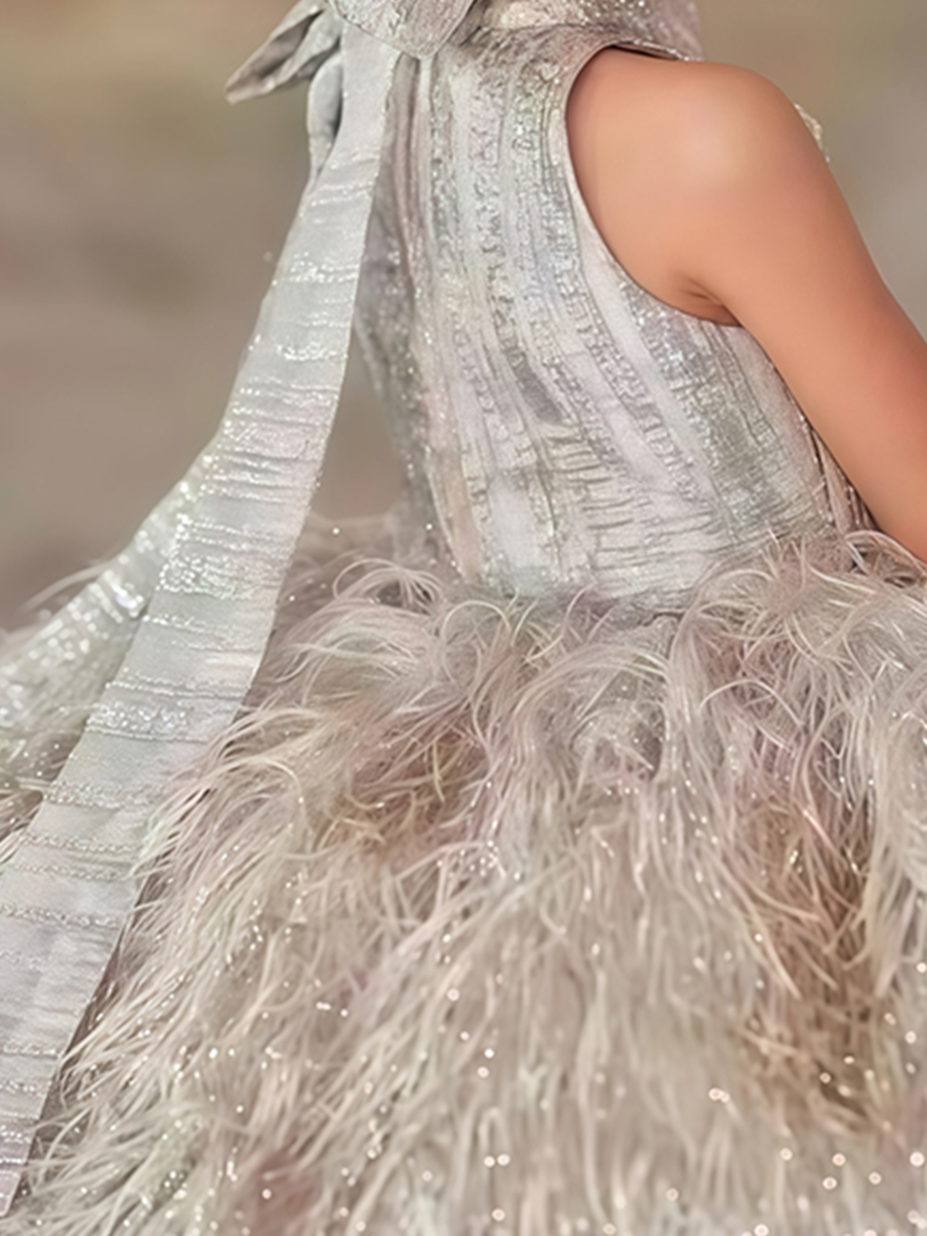 Girls Gold Faux Fur Embellished A-Line Midi Dress