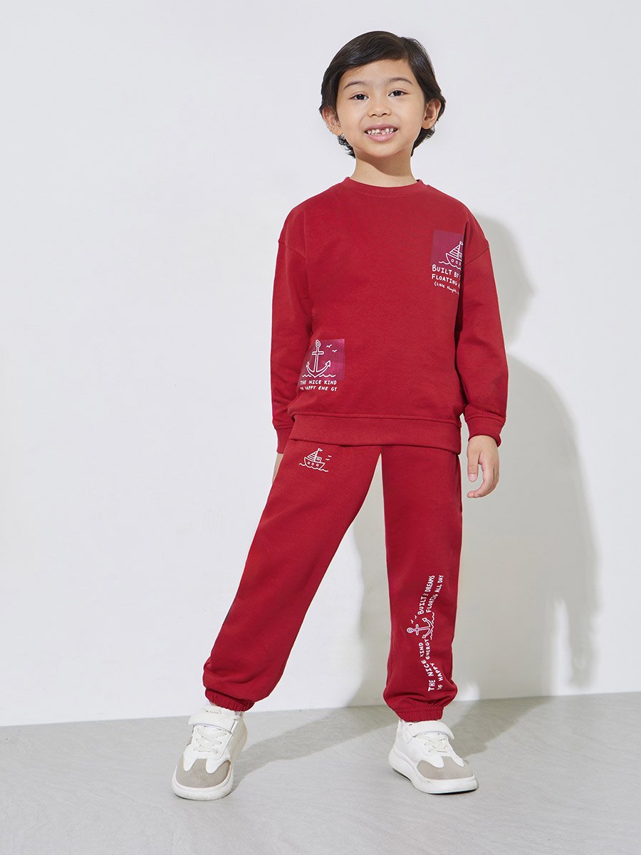 Boys Red Graphic Print Regular Fit Sweatshirt and Joggers Set