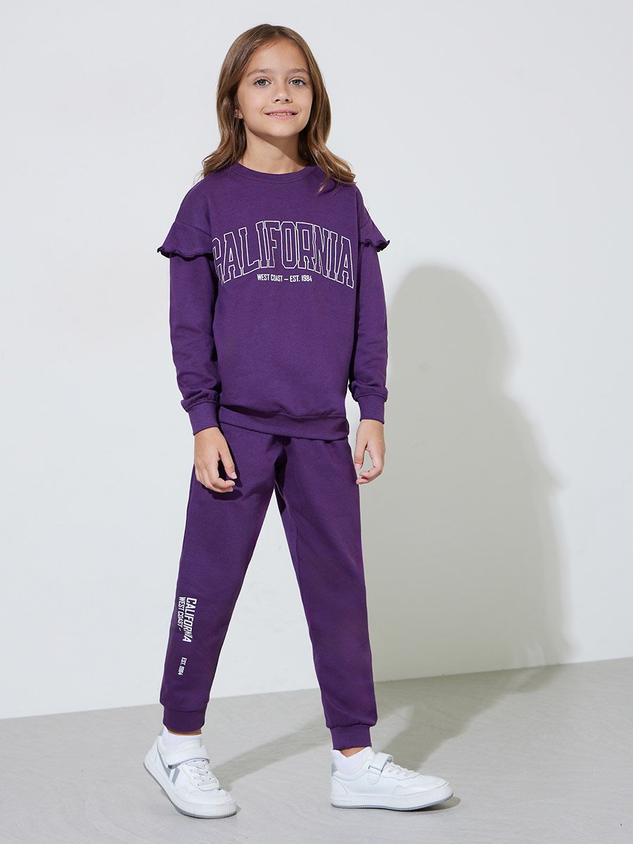 Girls Purple Graphic Print Regular Fit Sweatshirt and Joggers Set