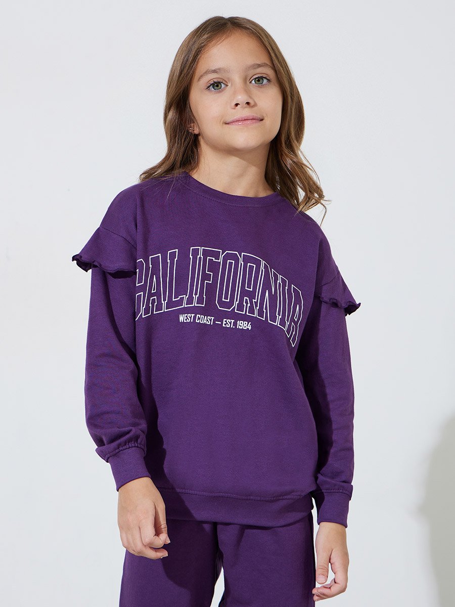Girls Purple Graphic Print Regular Fit Sweatshirt and Joggers Set
