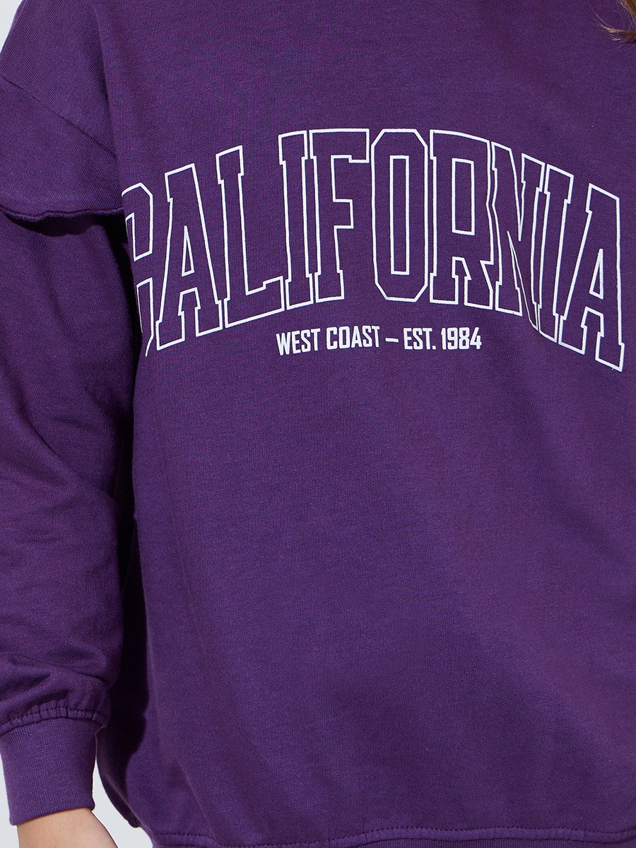 Girls Purple Graphic Print Regular Fit Sweatshirt and Joggers Set