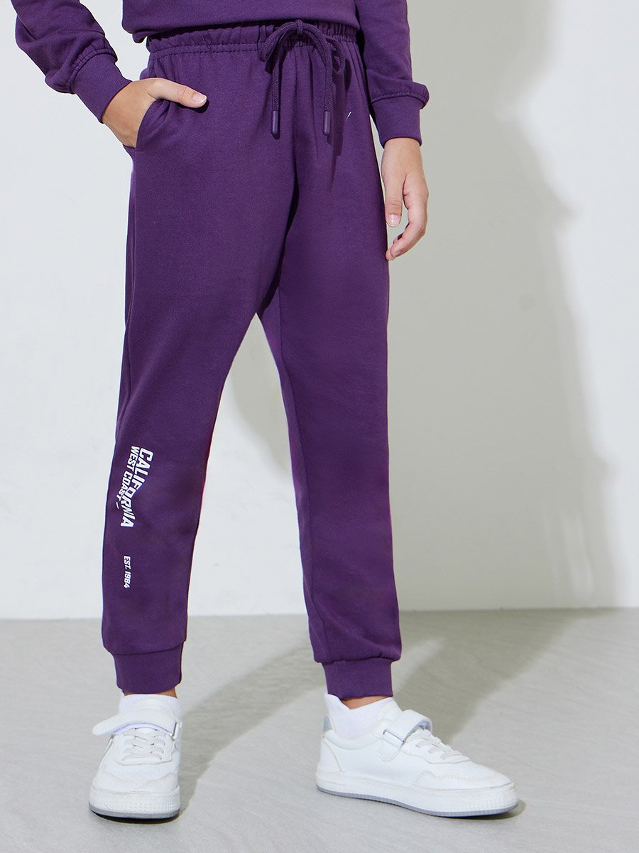 Girls Purple Graphic Print Regular Fit Sweatshirt and Joggers Set